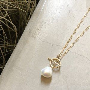 Gold Pearl Drop Necklace with Toggle Clasp